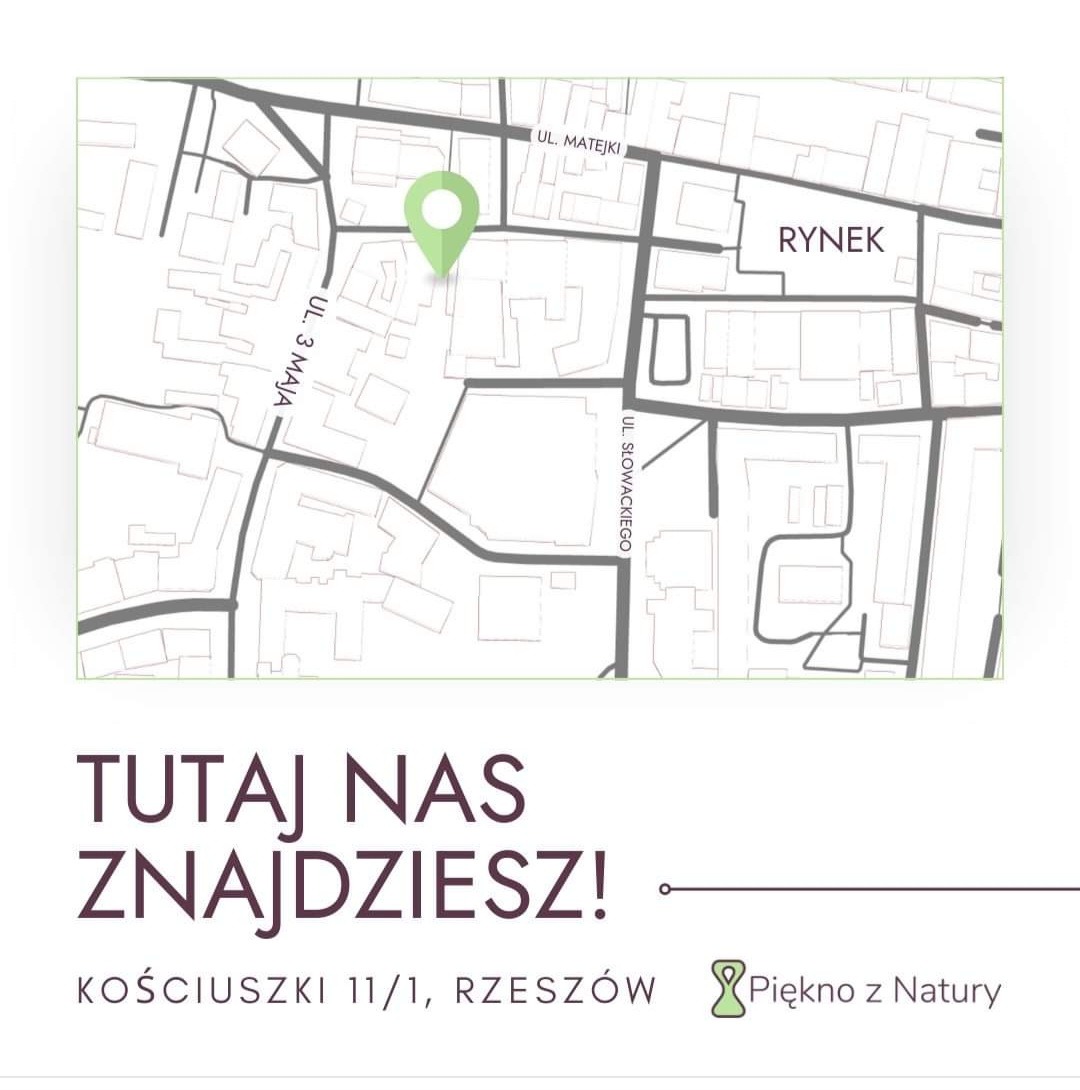 Mapa Rzeszowa z zaznaczoną lokalizacją salonu kosmetycznego 'Piękno z Natury' przy ulicy Kościuszki 11/1, z uwzględnieniem ulic: 3 Maja, Matejki i Słowackiego oraz Rynku.