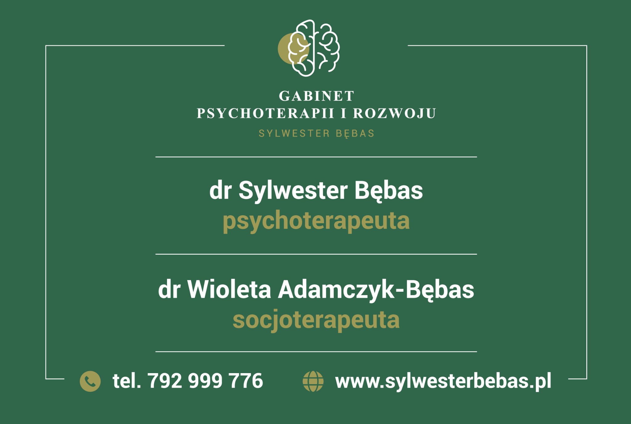 Grafika gabinetu psychoterapii i rozwoju Sylwestra Bębasa, z ikoną mózgu, imionami i nazwiskami dr Sylwestra Bębasa, psychoterapeuty i dr Wiolety Adamczyk-Bębas, socjoterapeuty, numerem telefonu...