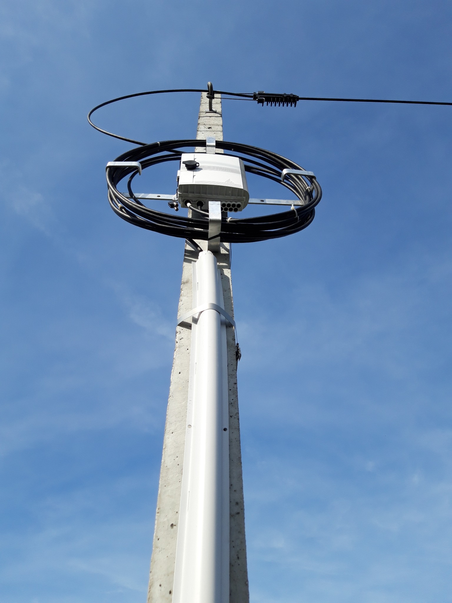 Betonowy słup telekomunikacyjny z zamontowaną skrzynką i okablowaniem na tle błękitnego nieba z delikatnymi chmurami, ujęcie z dołu.