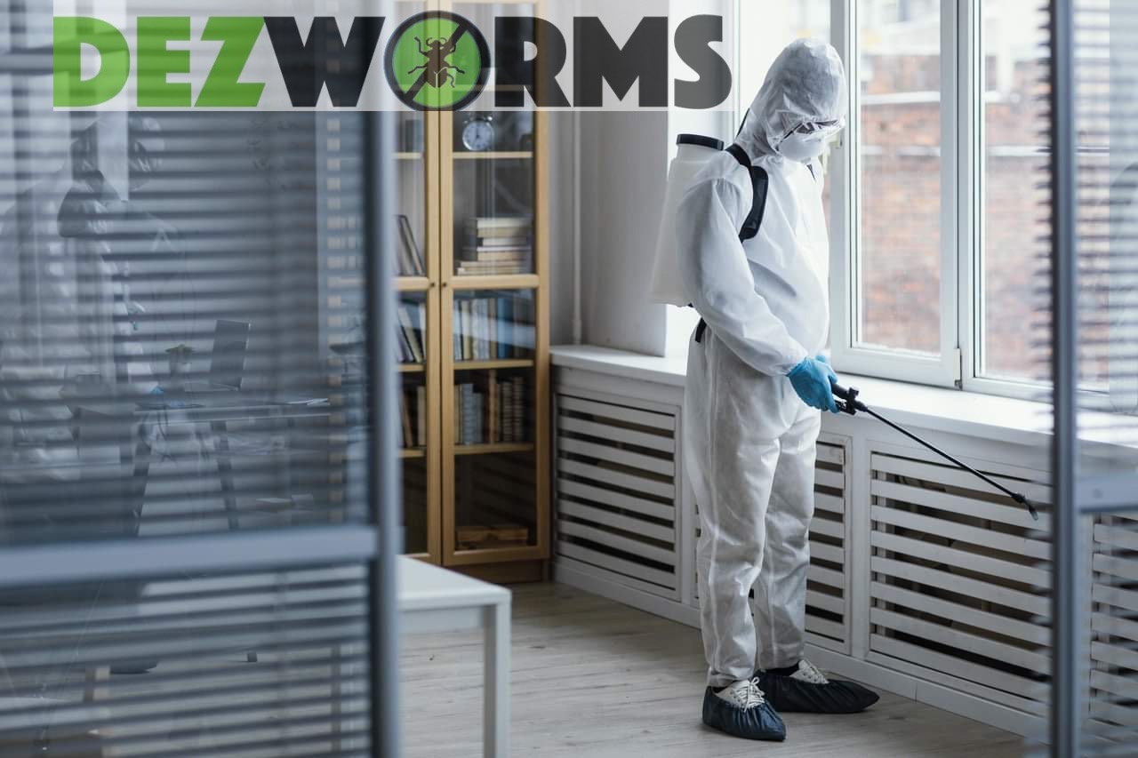 Pracownik w kombinezonie ochronnym spryskuje listwę przypodłogową przy oknie w biurze, widoczny regał z książkami w tle.