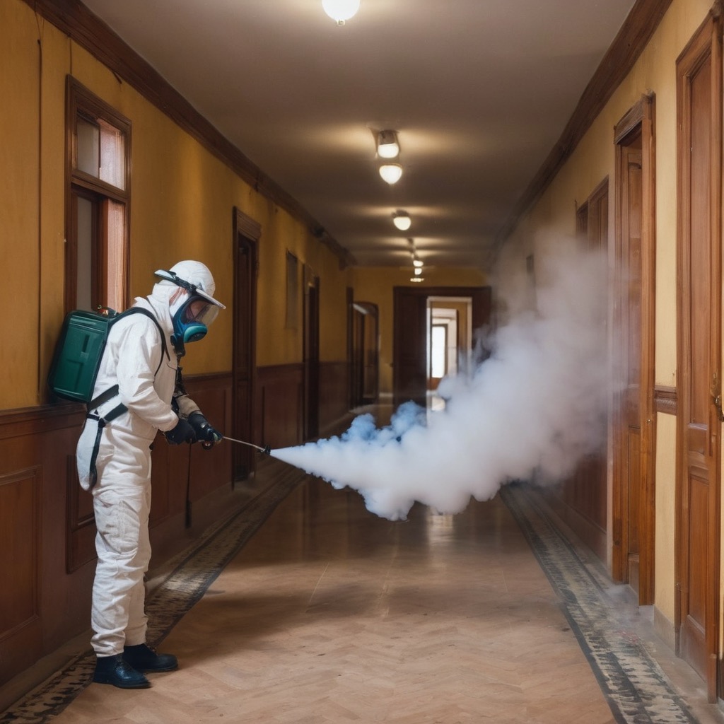 Pracownik w kombinezonie ochronnym rozpyla środek z zielonego opryskiwacza w długim korytarzu z drewnianymi drzwiami.