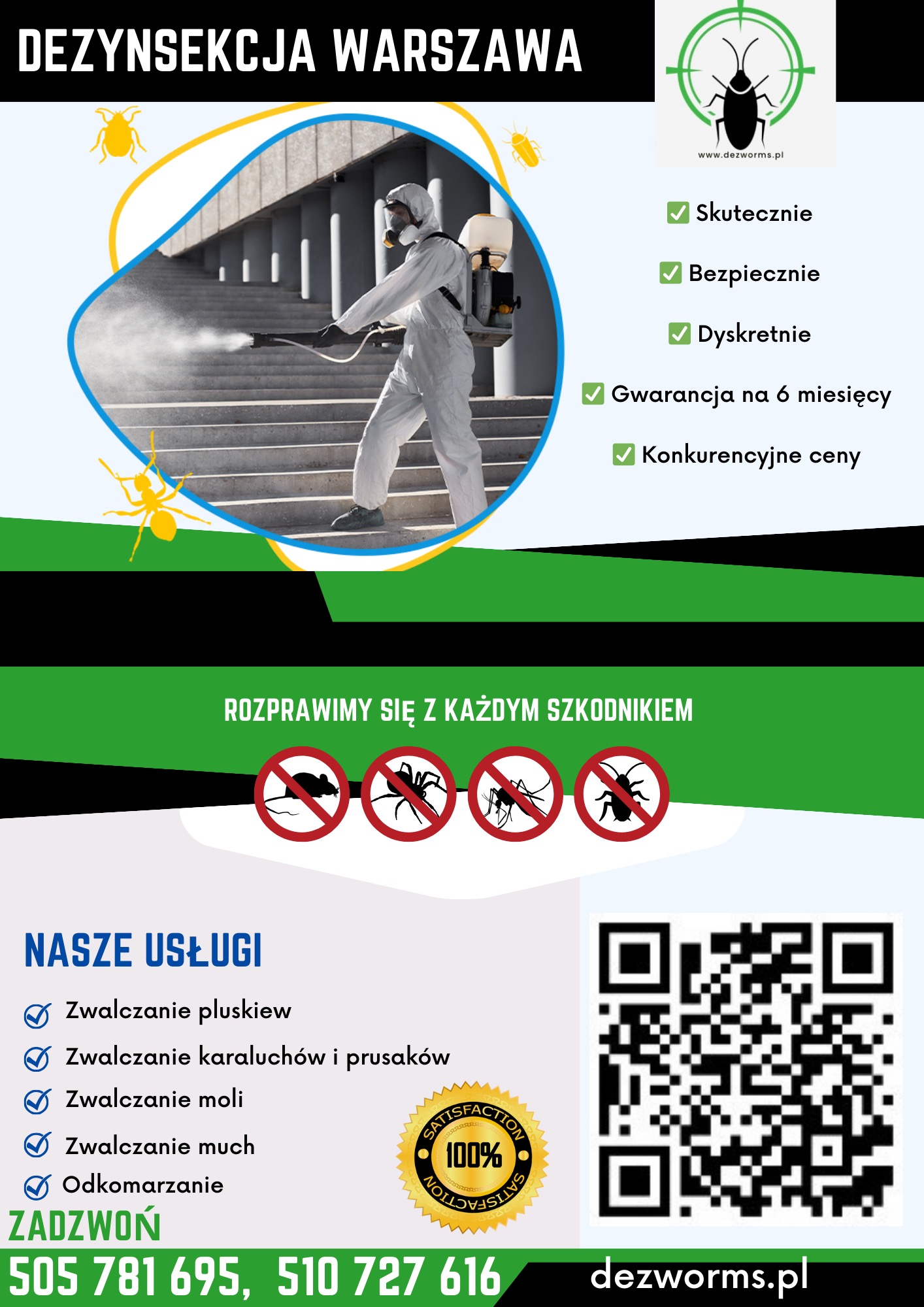 Grafika reklamowa: Pracownik w kombinezonie ochronnym, z rozpylaczem na plecach, dezynfekuje schody. W tle logo firmy, hasła reklamowe i lista usług.