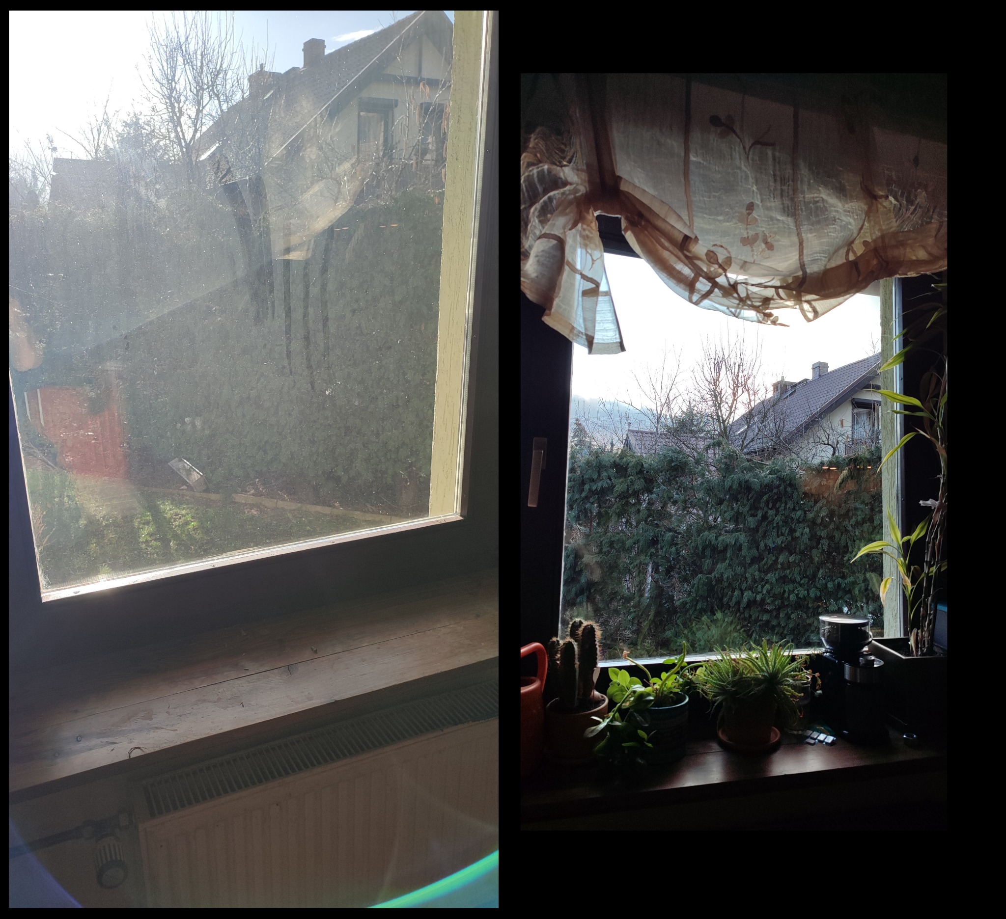 Porównanie: brudne okno z widokiem na zieleń i dom po lewej, czyste okno z roślinami doniczkowymi i ekspresem do kawy po prawej, z widokiem na zieleń i dom w tle.