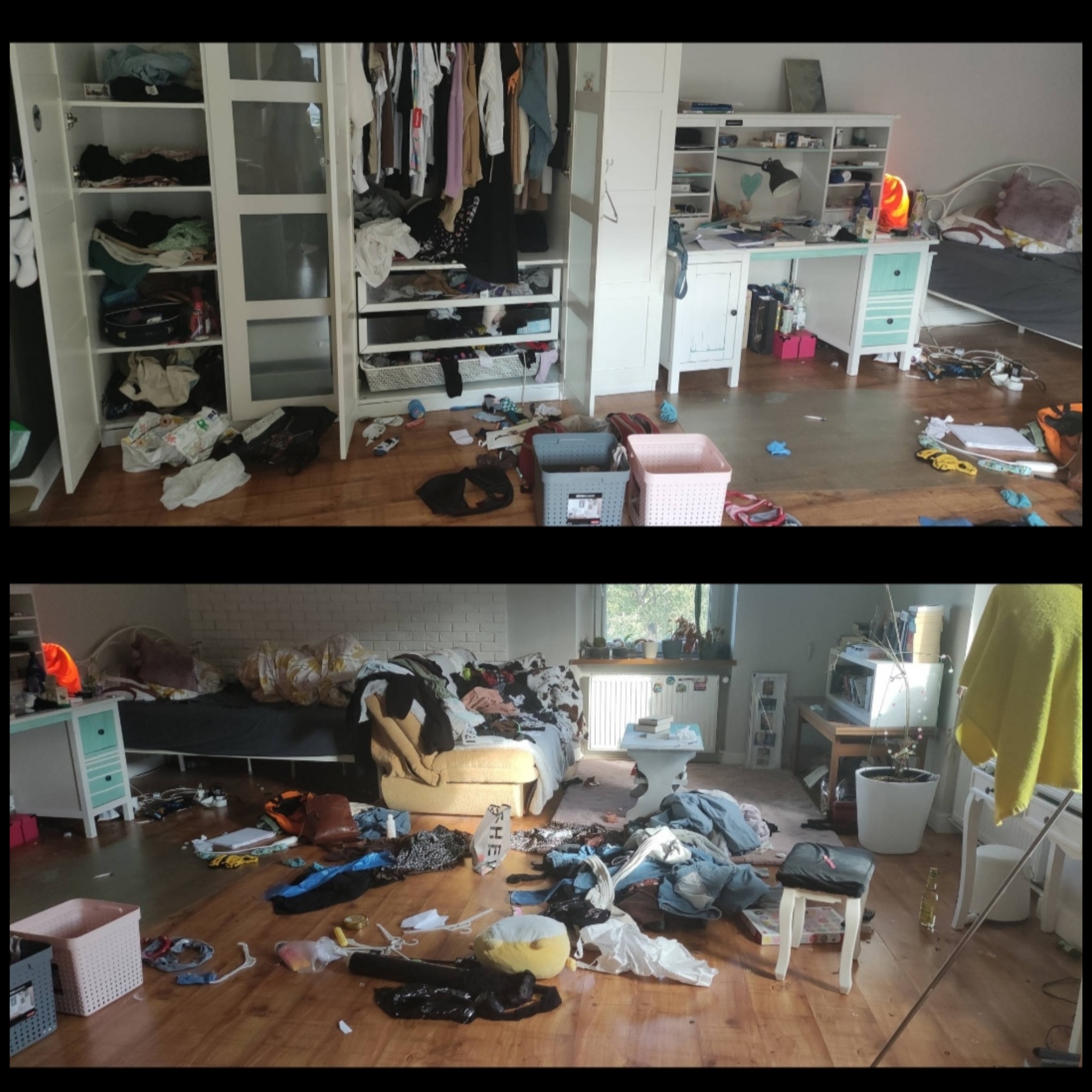 Dwa ujęcia tego samego pokoju przed posprzątaniem: otwarte szafy z porozrzucanymi ubraniami, biurko zawalone przedmiotami, podłoga pokryta chaosem, łóżko z niepościeloną pościelą i stertą ubrań.