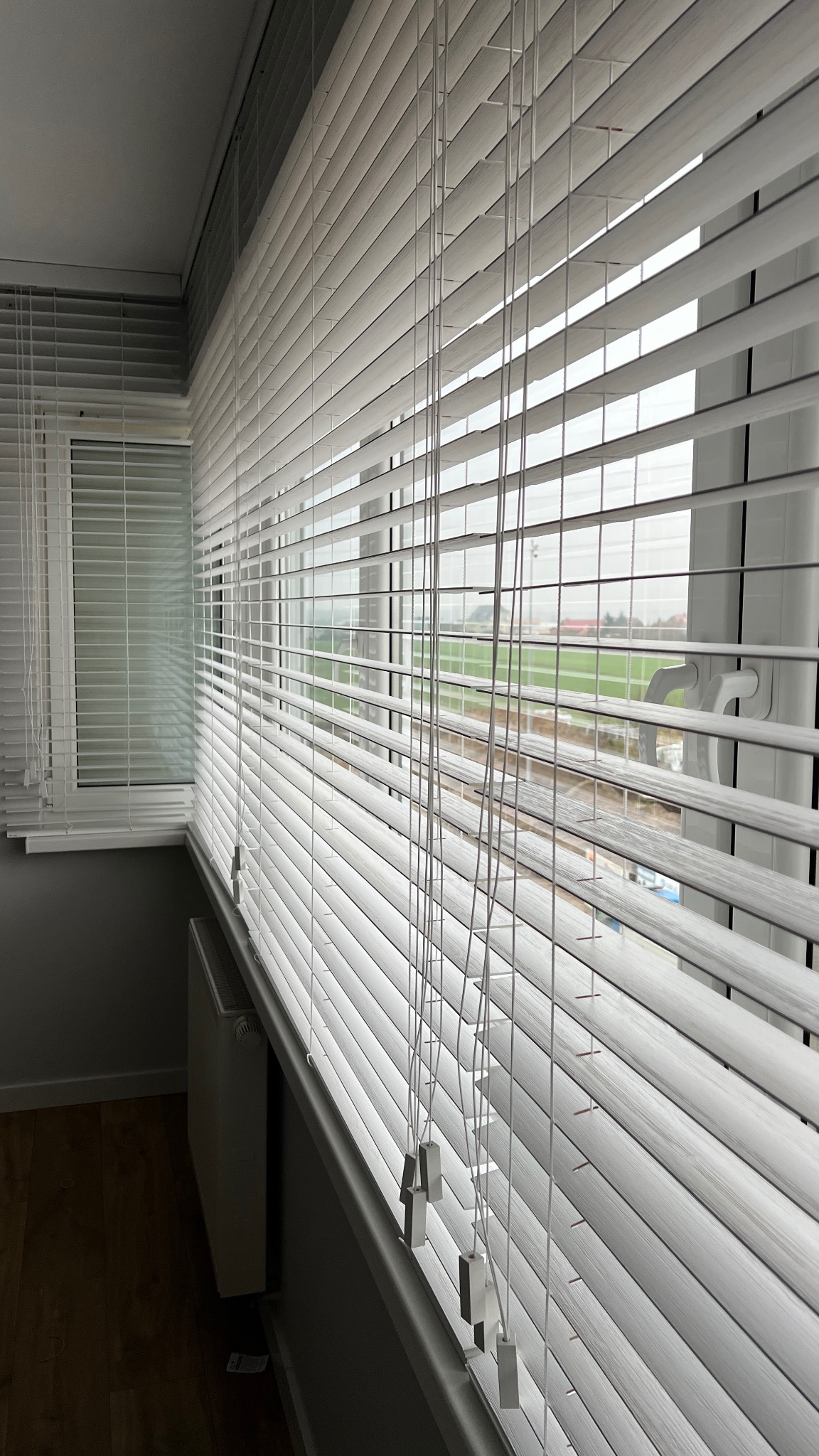 Białe żaluzje poziome zamontowane w oknach, widok z wnętrza pomieszczenia na zewnątrz. Widoczne sznurki do regulacji i fragment grzejnika.