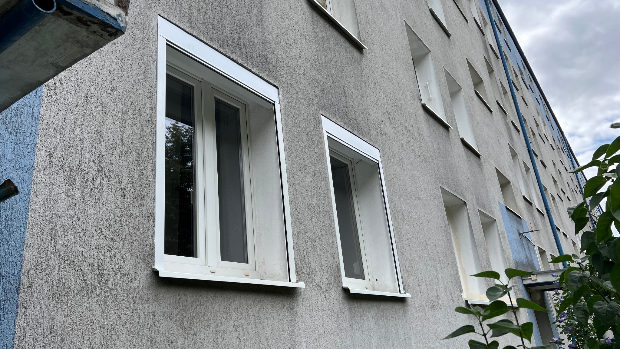 Białe okna PCV w szarym bloku z fakturą, widok z dołu. Dwa okna na pierwszym planie, zieleń po prawej. Ujęcie z perspektywy żabiej.