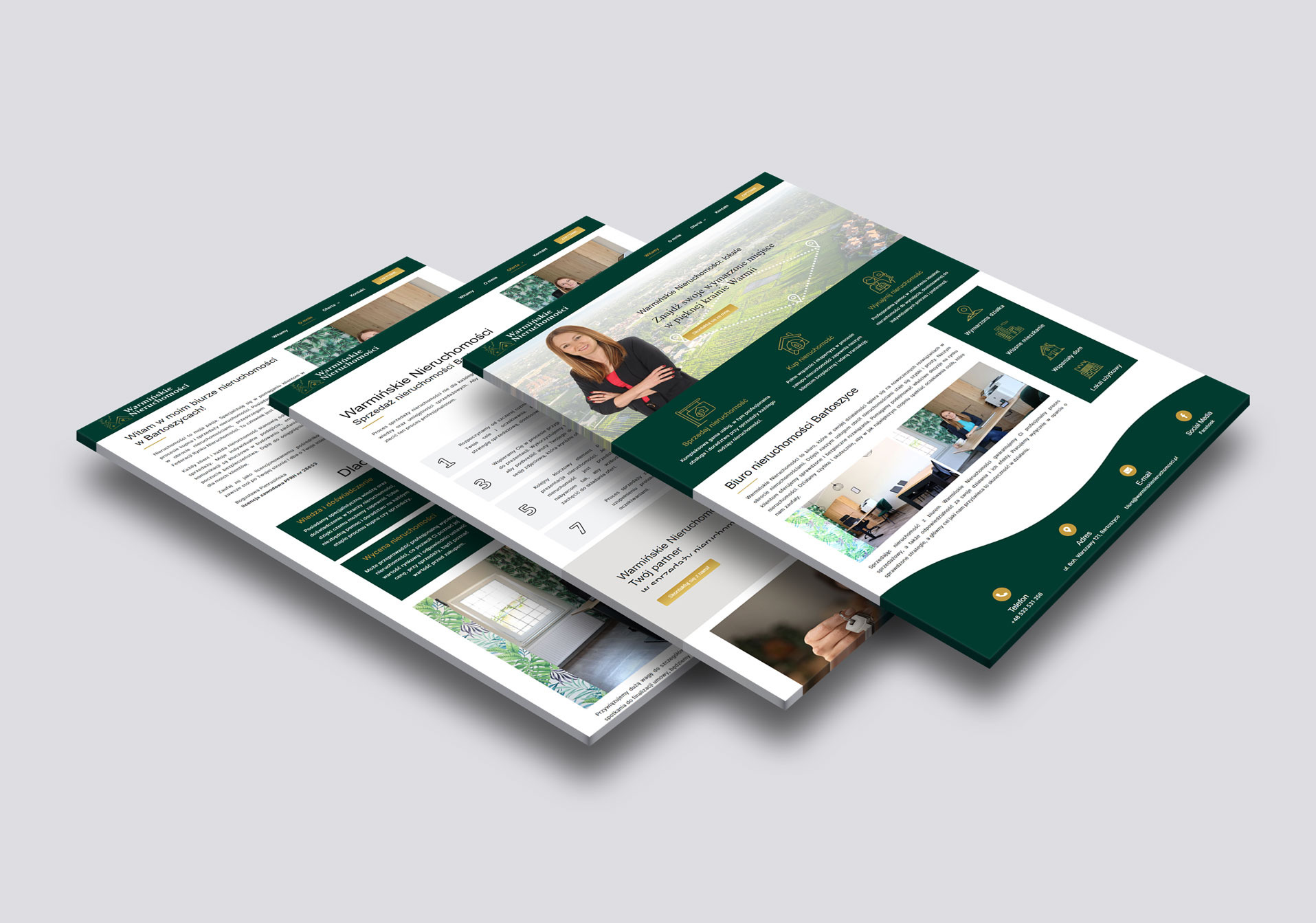 Graficzna prezentacja strony internetowej biura nieruchomości Warmińskie Nieruchomości, z widocznymi ofertami sprzedaży i kupna mieszkań, działek i lokali użytkowych w Bartoszycach i na Warmii.