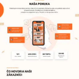 Ilustracja strony internetowej promującej tworzenie stron www, z elementami graficznymi, tekstem w języku słowackim i ikonami przedstawiającymi proces tworzenia stron.