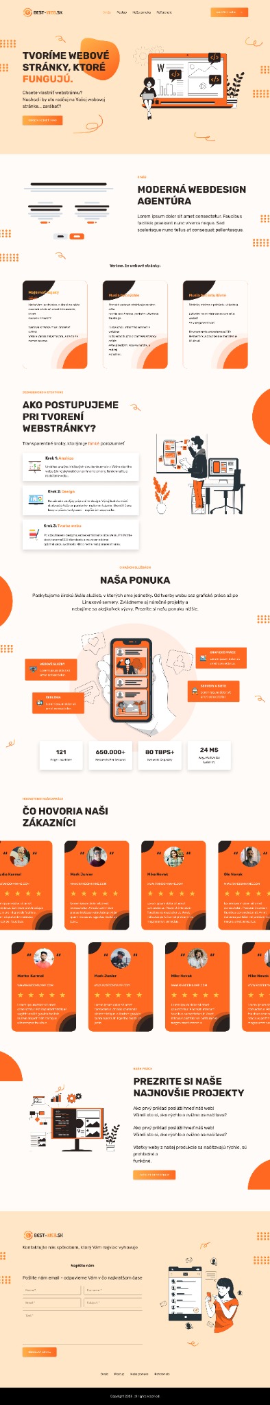 Ilustracja strony internetowej promującej tworzenie stron www, z elementami graficznymi, tekstem w języku słowackim i ikonami przedstawiającymi proces tworzenia stron.