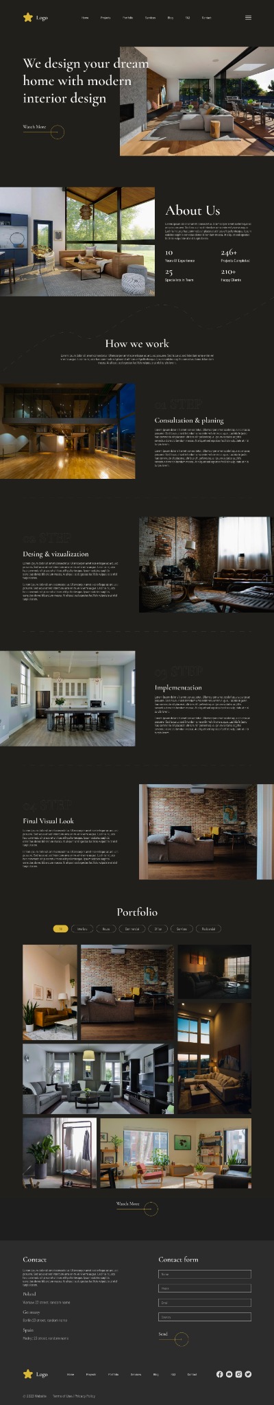 Fragment strony internetowej prezentującej firmę projektującą wnętrza z nowoczesnym designem, z sekcjami 'O nas', 'Jak pracujemy' i 'Portfolio'.