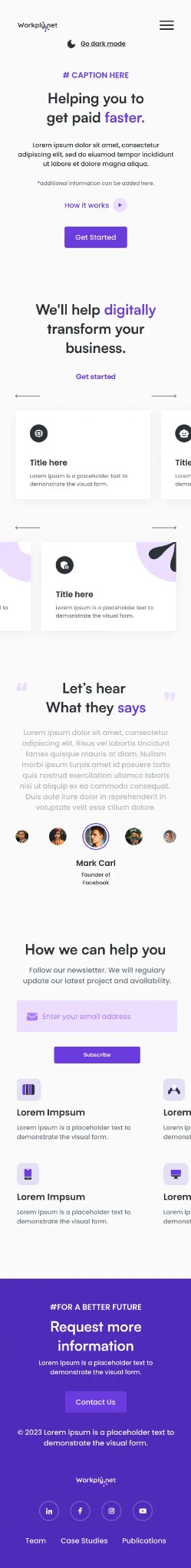 Mockup strony internetowej z nagłówkiem o przyspieszeniu płatności, sekcją z opiniami klientów i formularzem zapisu do newslettera, utrzymana w jasnej kolorystyce z fioletowymi akcentami.