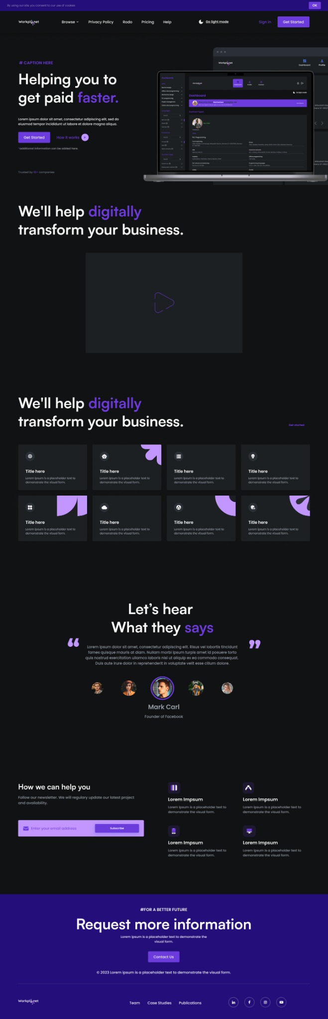 Laptop wyświetla nowoczesny interfejs strony internetowej z ciemnym tłem i fioletowymi akcentami, prezentujący panel administracyjny z ikonami i tekstem, promujący szybsze płatności i cyfrową...