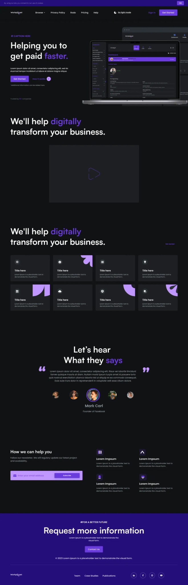 Ilustracja strony internetowej prezentująca interfejs użytkownika z ciemnym motywem, fioletowymi akcentami i minimalistycznym designem. Laptop na pierwszym planie wyświetla dashboard z różnymi...