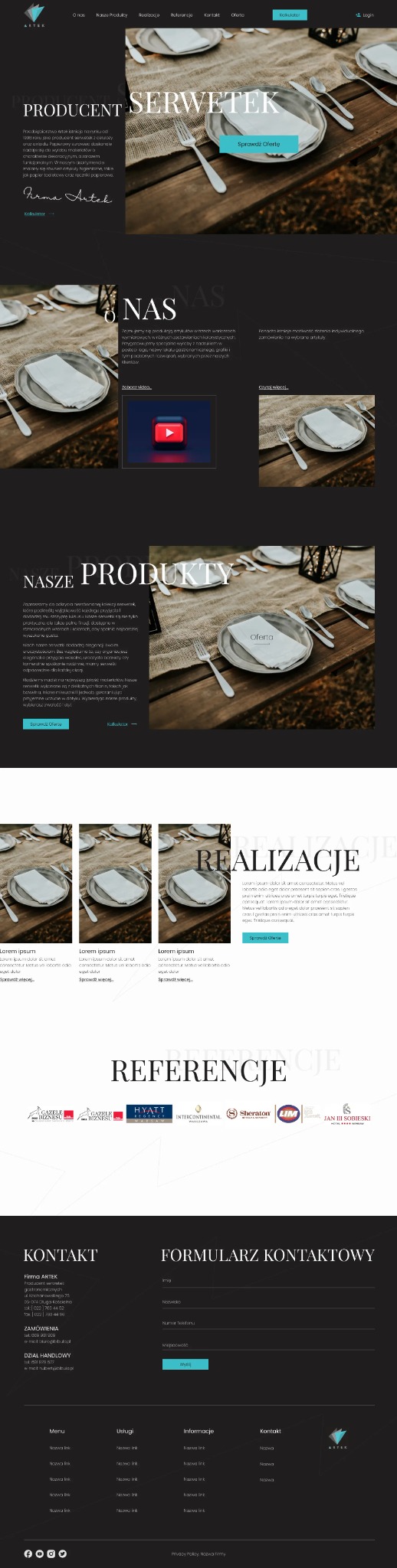 Fragment strony internetowej producenta serwetek, prezentujący zdjęcia aranżacji stołów z użyciem ich produktów. Na drewnianym stole nakrycie z talerzem, serwetką i sztućcami.