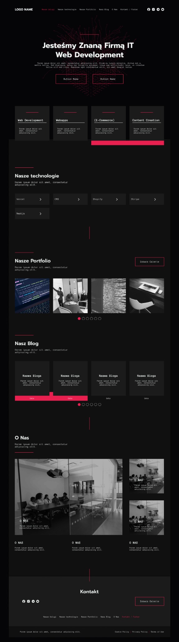 Projekt strony internetowej z ciemnym tłem, czerwonymi akcentami i sekcjami poświęconymi web developmentowi, technologiom, portfolio, blogowi oraz informacjom o firmie.