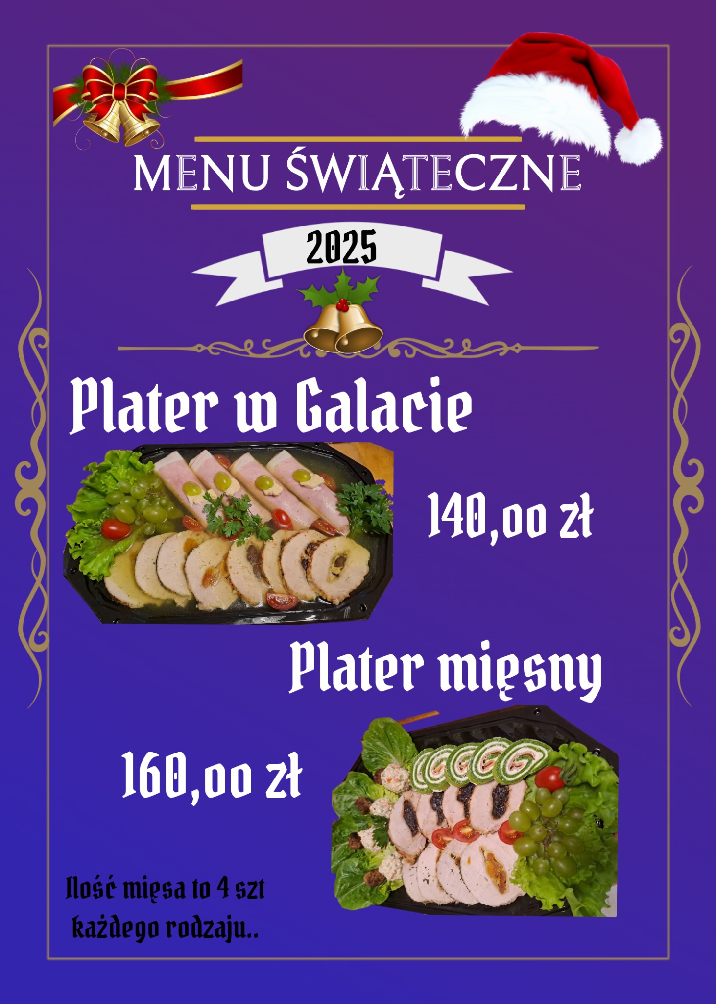 Świąteczne menu z platerami mięsnymi w Bydgoszczy. Oferta cateringowa na 2025 rok z cenami. Dekoracje świąteczne, czcionka w stylu retro.