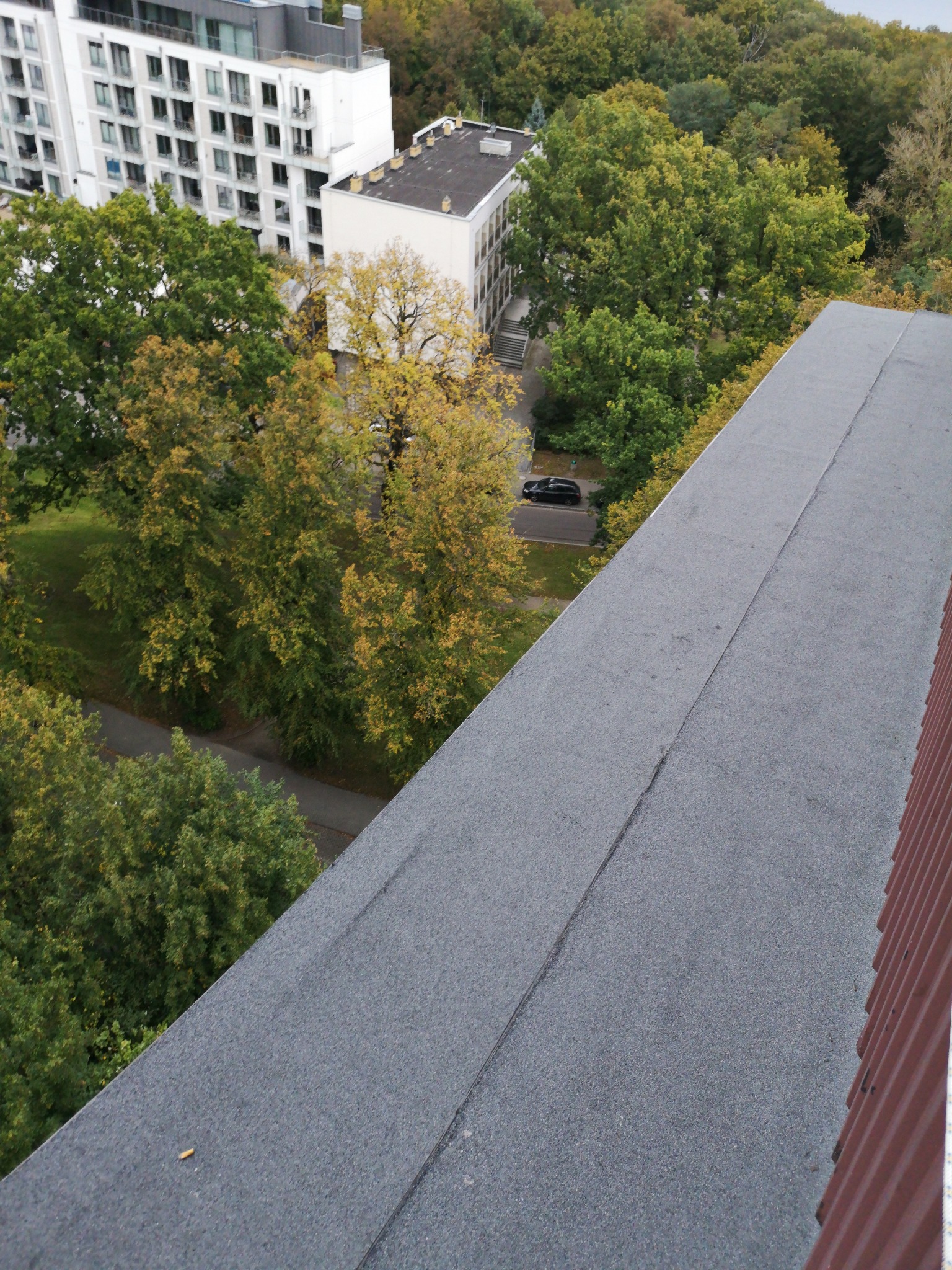 Widok z góry na płaski dach pokryty papą, z widocznymi budynkami mieszkalnymi i drzewami w tle.