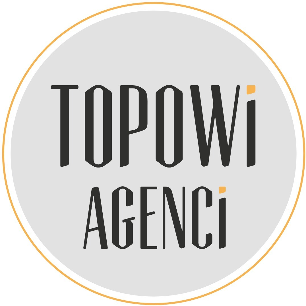 Logo firmy 'TOPOWI AGENCi' w okręgu z obwódką, ciemnoszary napis na jasnoszarym tle.