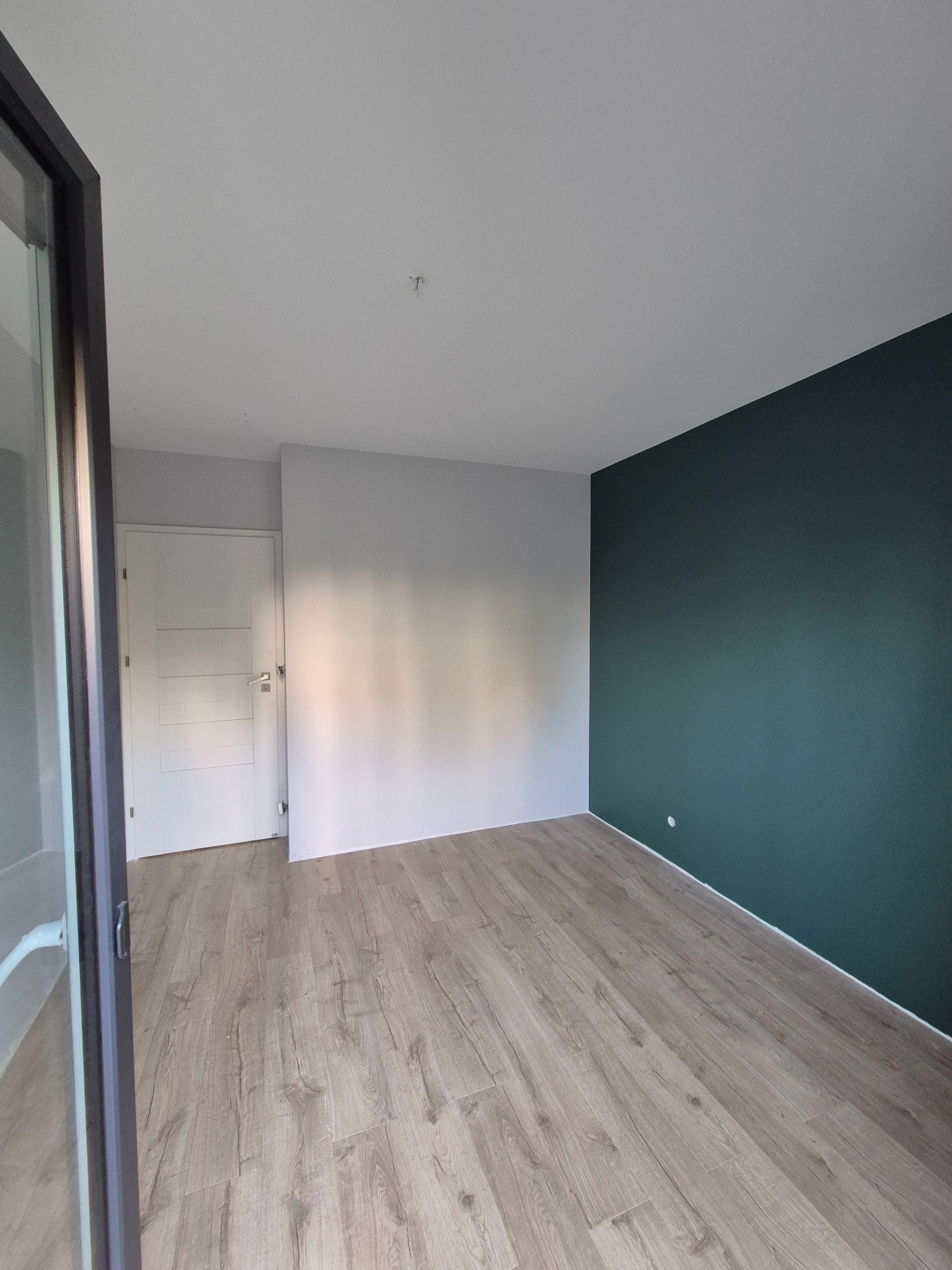 Pomalowane na dwa kolory wnętrze pokoju z panelami podłogowymi. Jedna ściana zielona, druga biała. Widoczne drzwi i fragment okna.