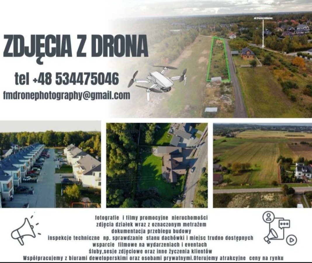 Kompozycja zdjęć z drona prezentująca nieruchomości: osiedle domów szeregowych, działkę z oznaczonym metrażem i krajobraz polny. Na górze widoczny dron i tekst reklamowy z danymi kontaktowymi.