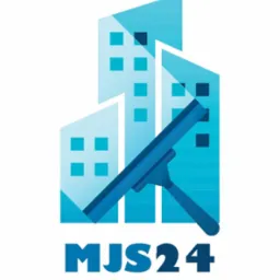 Graficzne logo firmy MJS24: stylizowane budynki w odcieniach błękitu z oknami, nałożona na nie myjka do okien, nazwa firmy w dolnej części.