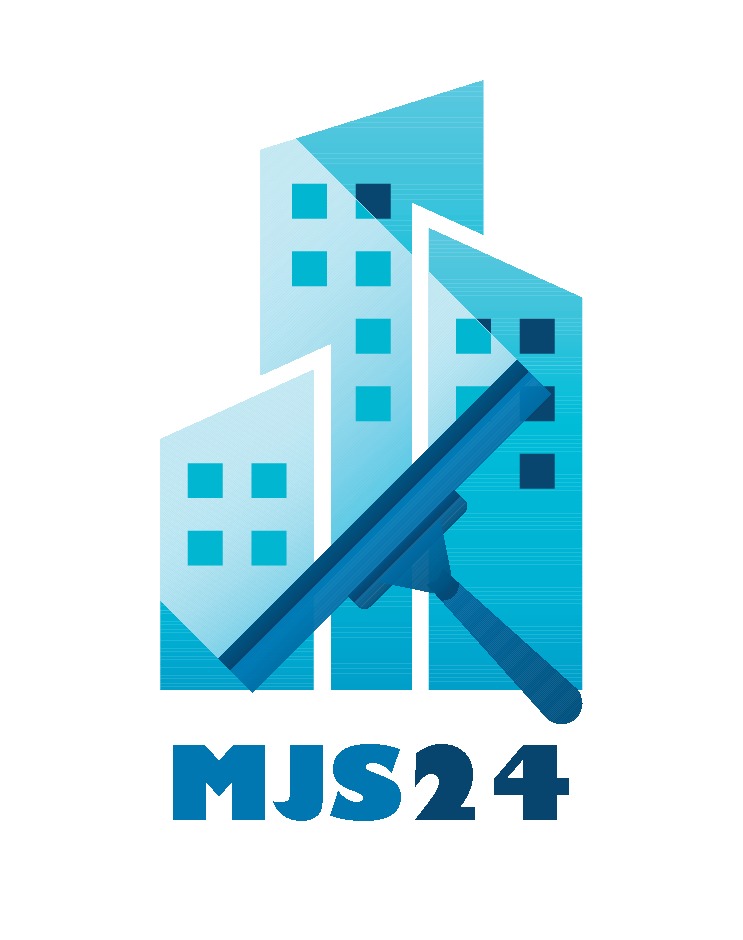 Graficzne logo firmy MJS24: stylizowane budynki w odcieniach błękitu z oknami, nałożona na nie myjka do okien, nazwa firmy w dolnej części.