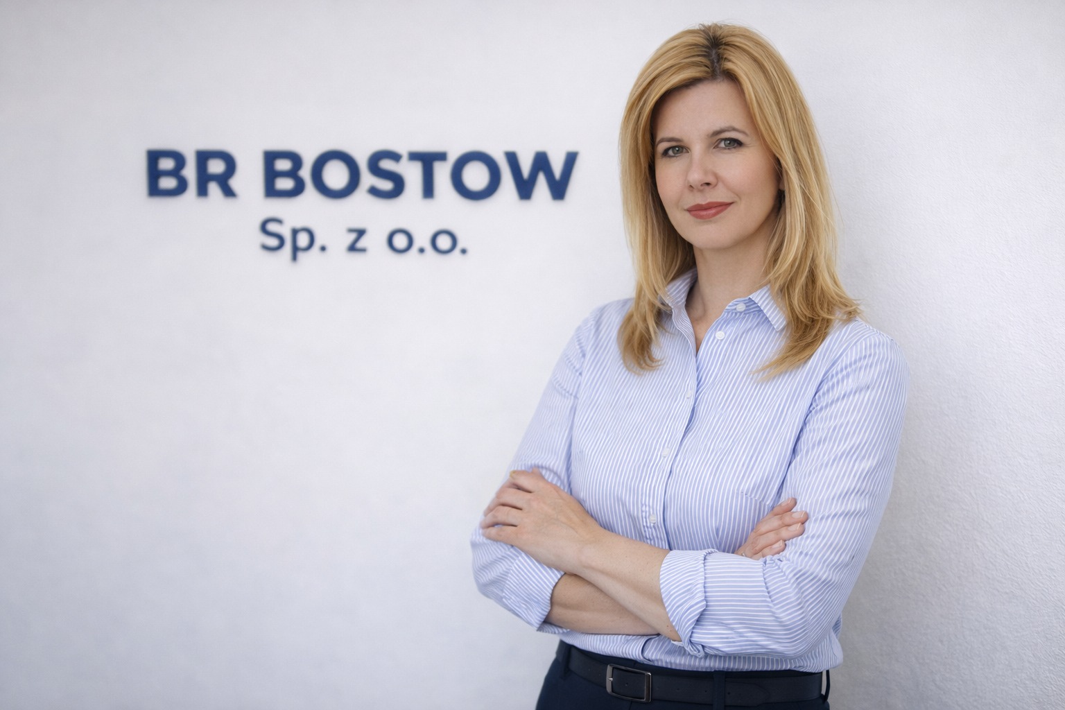 Profesjonalny portret kobiety z blond włosami, w błękitnej koszuli, na tle ściany z napisem 'BR BOSTOW Sp. z o.o.'. Uśmiech, skrzyżowane ręce, biznesowy wizerunek.