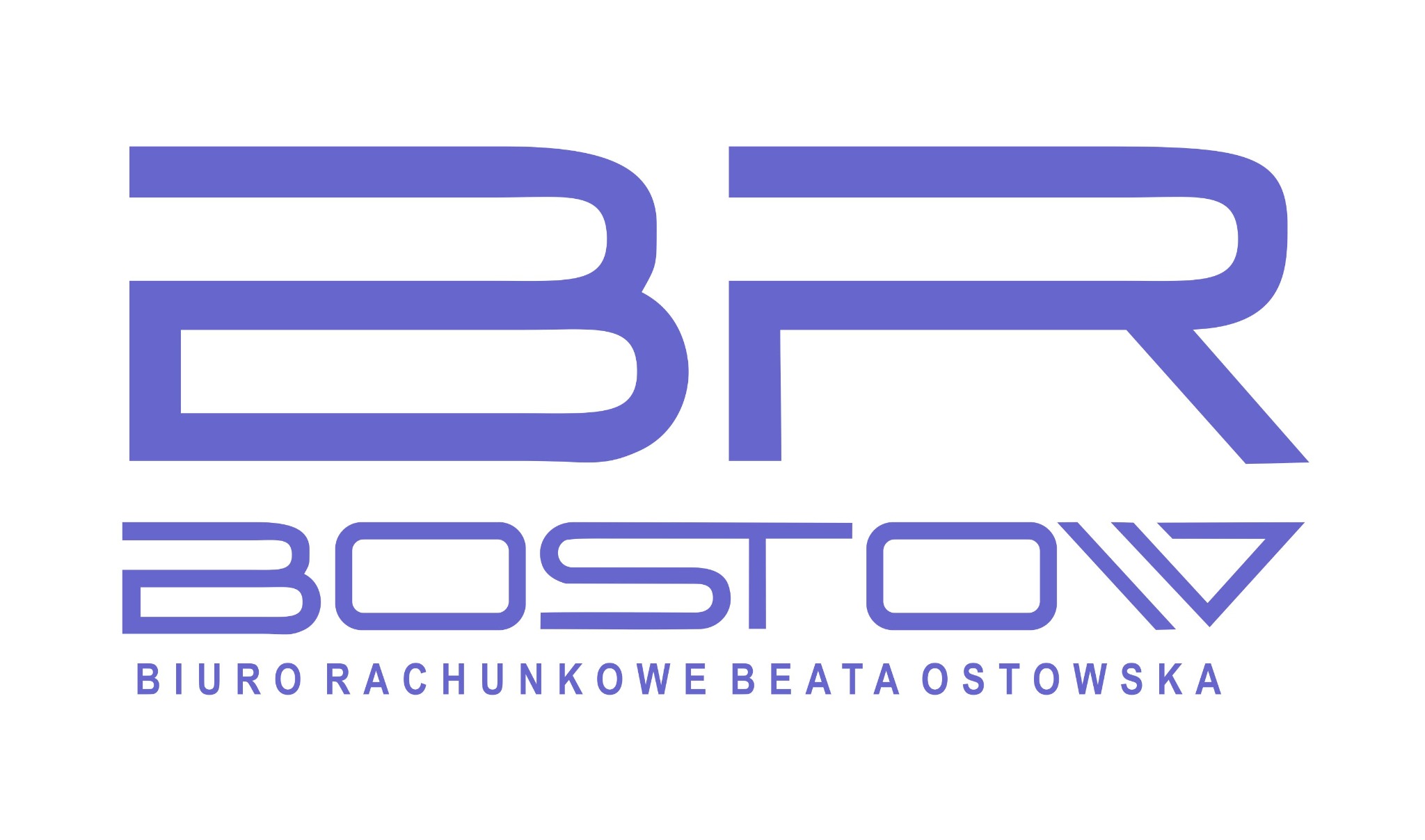 Logo biura rachunkowego BOSTOW Beata Ostowska w Białej Podlaskiej, z dużym, fioletowym skrótem BR na górze i nazwą biura poniżej.