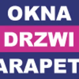 Grafika reklamowa firmy z Grodziska Mazowieckiego oferującej okna, drzwi i parapety. Tekst w kolorze białym na paskach w kolorze granatowym i różowym.