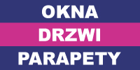 Grafika reklamowa firmy z Grodziska Mazowieckiego oferującej okna, drzwi i parapety. Tekst w kolorze białym na paskach w kolorze granatowym i różowym.