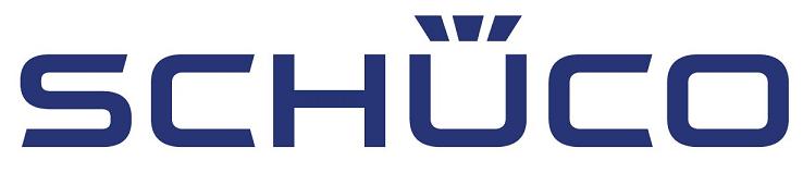 Niebieskie logo Schüco z charakterystycznym znakiem graficznym nad literami U i C.