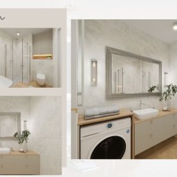 Ewa Bryl, projektant wnętrz - Wizualizacja jasnej łazienki z kabiną prysznicową, umywalką nablatową, pralką pod blatem i dużym lustrem w ozdobnej ramie. Na blacie obok umywalki stoi dekoracyjna roślina w szklanym wazonie.
