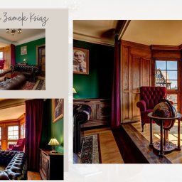 Ewa Bryl, projektant wnętrz - Elegancki salon w stylu retro z ciemnozielonymi ścianami, drewnianą boazerią, skórzanymi sofami Chesterfield i burgundowymi fotelami, doświetlony przez duże okna z widokiem na zewnątrz.