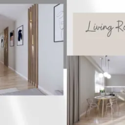 Wizualizacja wnętrza domu z kominkiem i telewizorem na ścianie z dekoracyjną tapetą w jodełkę, widok na jadalnię z okrągłym stołem i kuchnię w tle.