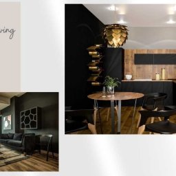 Ewa Bryl, projektant wnętrz - Wizualizacja nowoczesnego wnętrza z aneksem kuchennym w czerni i drewnie, okrągły stół z krzesłami, dekoracyjna lampa w kształcie szyszki i regał na wino.