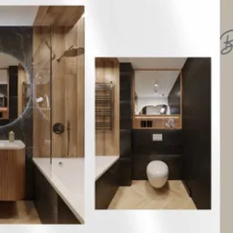 Nowoczesna łazienka z podświetlanym lustrem o nieregularnym kształcie, drewnianą szafką pod umywalką z ryflowanymi frontami i czarnymi marmurowymi płytkami, kabina prysznicowa ze szklaną ścianką...