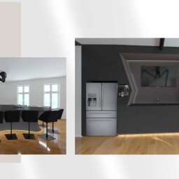 Ewa Bryl, projektant wnętrz - Wizualizacja ciemnej kuchni z wyspą i krzesłami barowymi, srebrna lodówka side-by-side, podświetlona półka z telewizorem, drewniana podłoga.