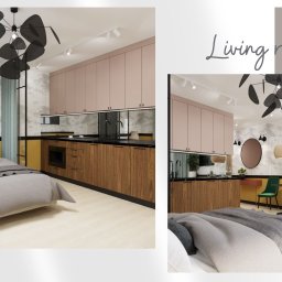 Ewa Bryl, projektant wnętrz - Wnętrze pokoju z aneksem kuchennym: łóżko z szarą pościelą, zabudowa kuchenna z drewnianymi frontami i różowymi szafkami, okrągłe lustro, designerska lampa sufitowa i tapeta w motywy leśne.