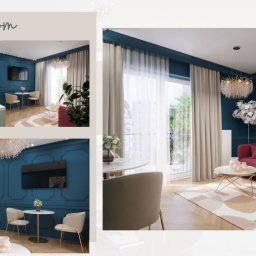 Ewa Bryl, projektant wnętrz - Wizualizacja salonu z granatowymi ścianami, różową sofą, okrągłym stolikiem kawowym na złotych nóżkach i obrazem pawia na ścianie. Widoczne również fragmenty kuchni z jasnymi szafkami i złotymi...