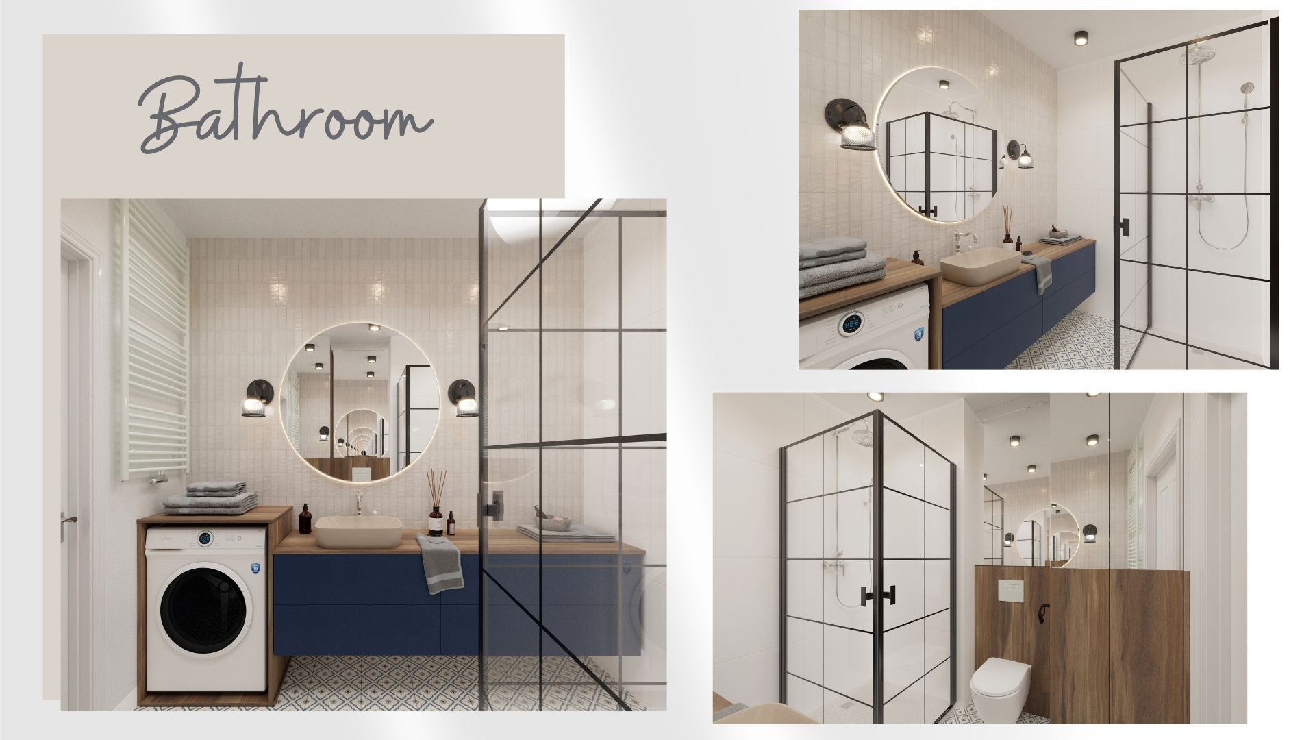 Wizualizacja łazienki z pralką w zabudowie, kabiną prysznicową typu walk-in z czarnymi profilami, okrągłym lustrem z podświetleniem LED oraz umywalką nablatową na szafce w kolorze granatowym.