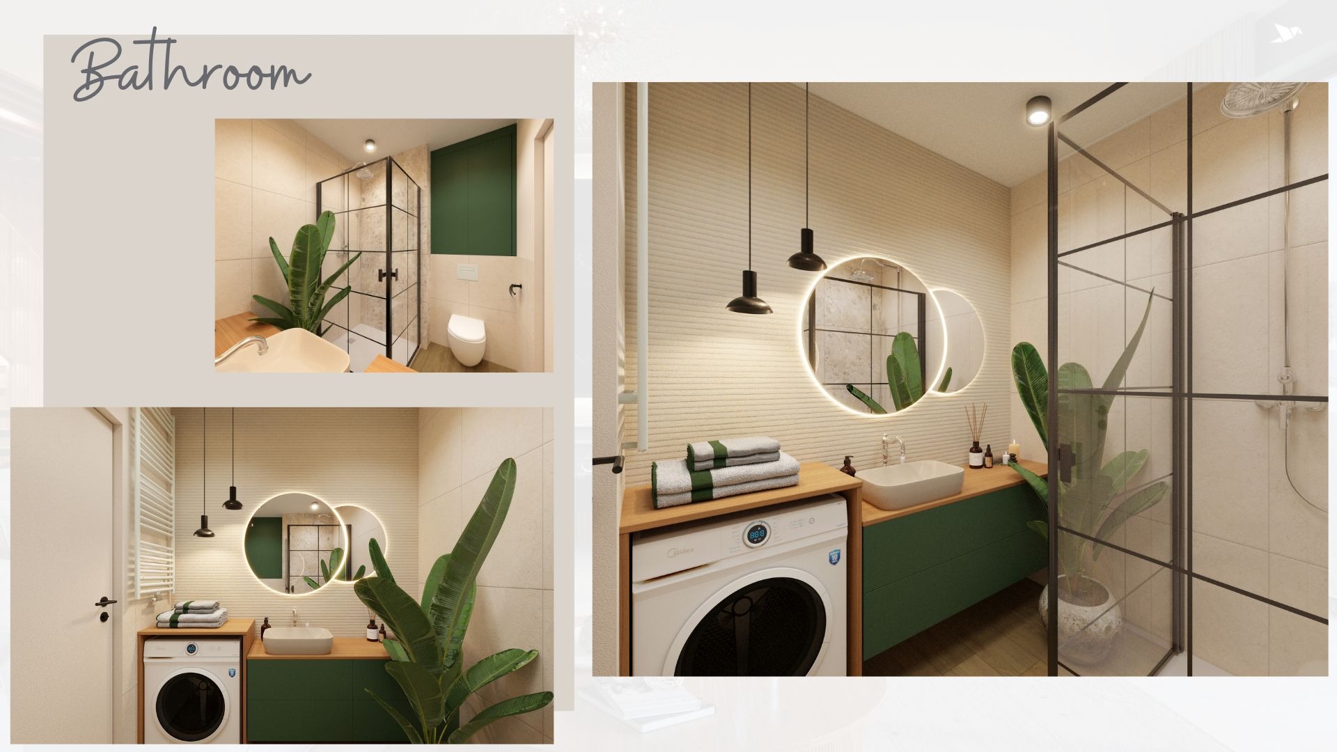 Wizualizacja nowoczesnej łazienki z kabiną prysznicową typu walk-in, umywalką nablatową na zielonej szafce, okrągłym lustrem z podświetleniem LED, pralką i rośliną doniczkową.