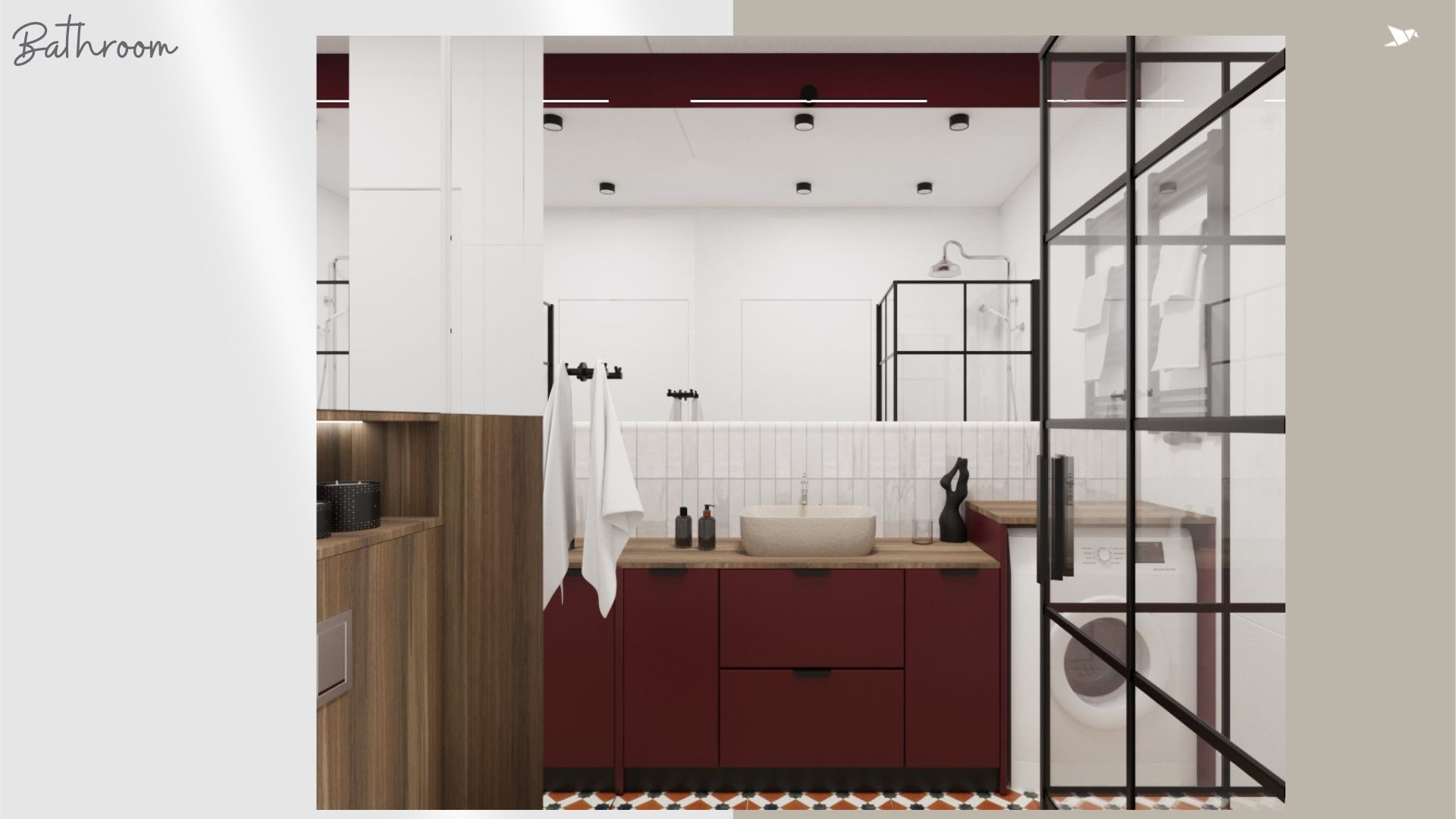 Wizualizacja nowoczesnej łazienki z burgundowymi szafkami pod umywalką, beżową nablatową umywalką, kabiną prysznicową typu walk-in z czarnymi ramami i pralką za szklaną ścianką.
