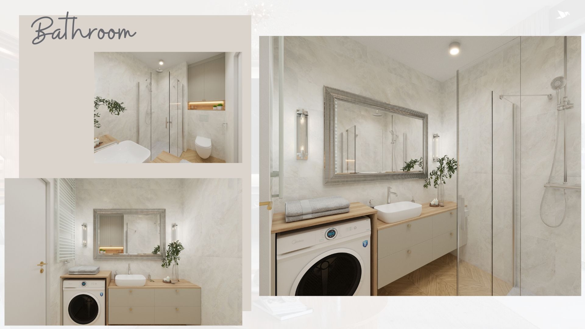 Wizualizacja jasnej łazienki z kabiną prysznicową, umywalką nablatową, pralką pod blatem i dużym lustrem w ozdobnej ramie. Na blacie obok umywalki stoi dekoracyjna roślina w szklanym wazonie.