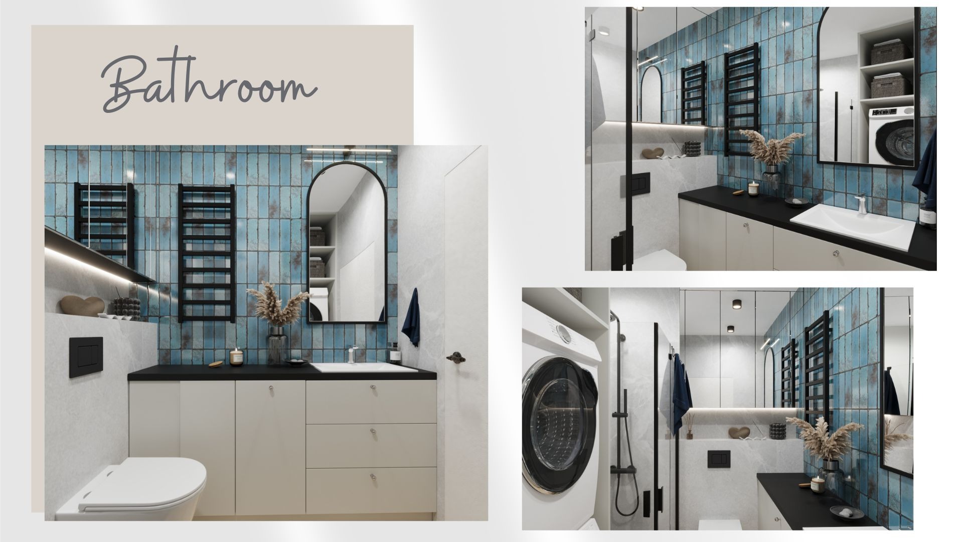 Wizualizacja łazienki z turkusowymi płytkami, czarnym blatem i białymi szafkami, z pralką ukrytą w szafce i czarnym grzejnikiem drabinkowym.