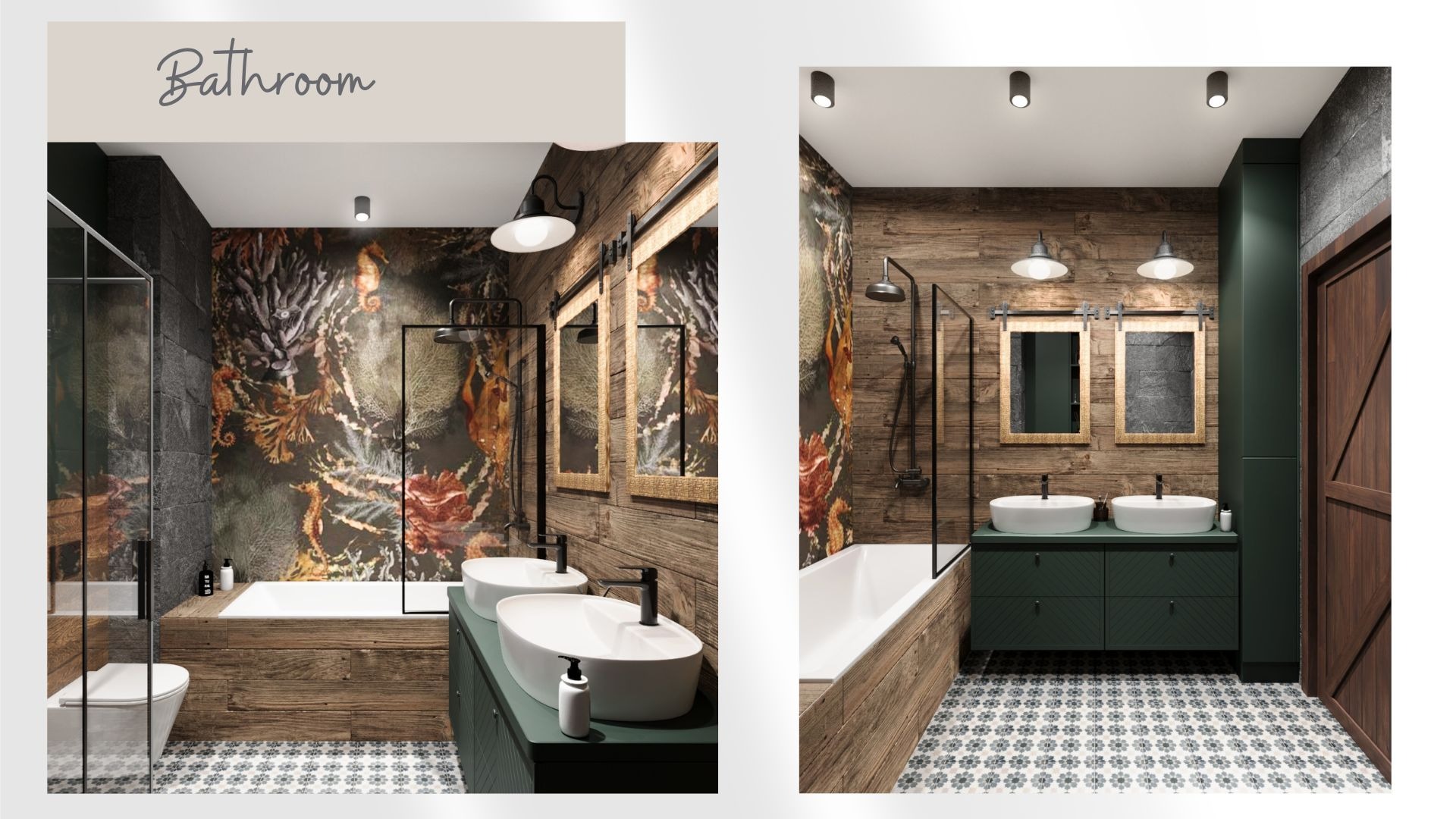 Wizualizacja łazienki z wanną obudowaną drewnem, umywalkami nablatowymi i tapetą z motywem morskim.