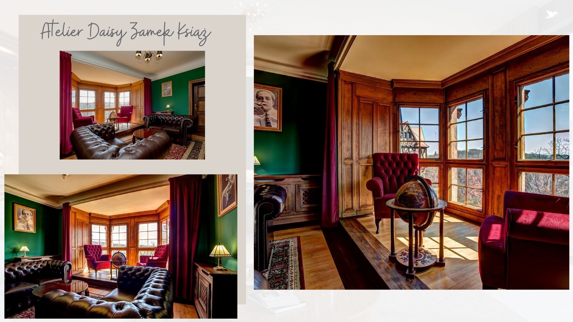 Elegancki salon w stylu retro z ciemnozielonymi ścianami, drewnianą boazerią, skórzanymi sofami Chesterfield i burgundowymi fotelami, doświetlony przez duże okna z widokiem na zewnątrz.