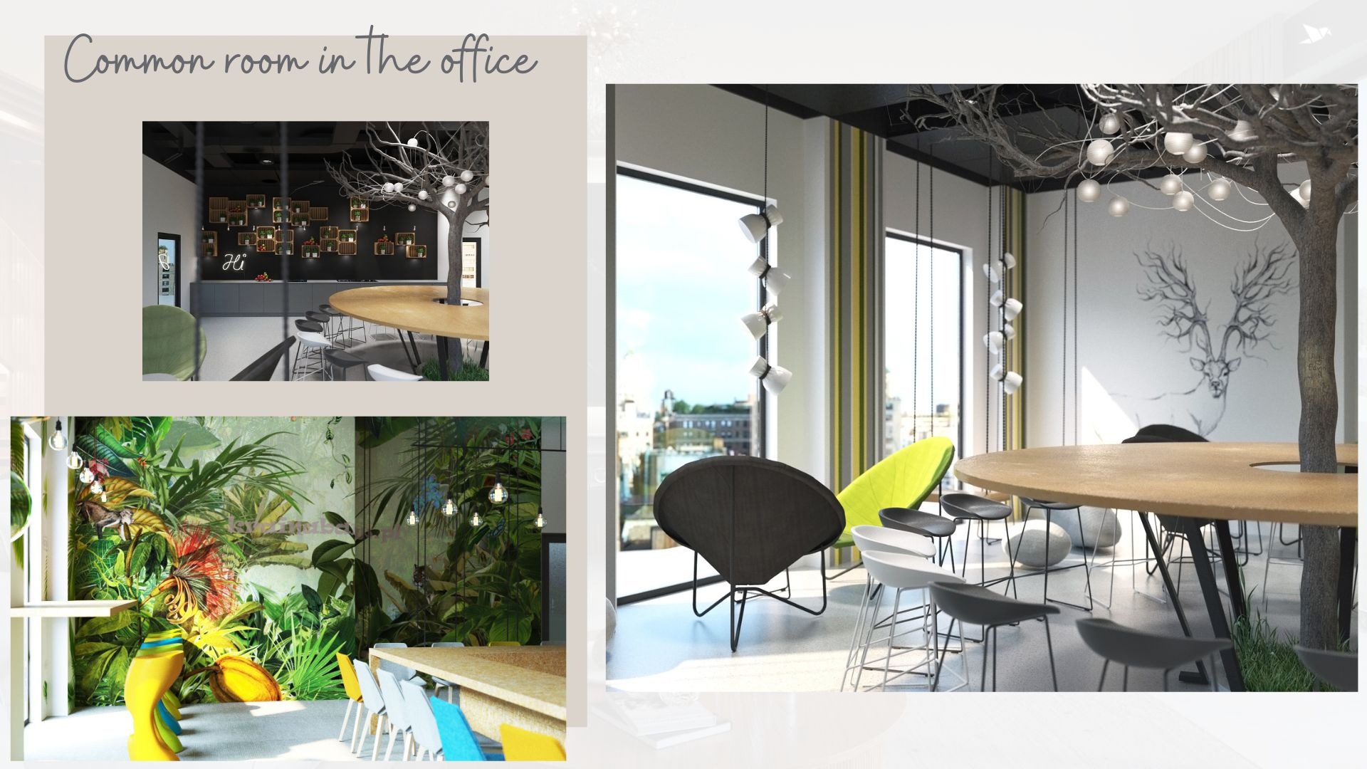 Wizualizacja nowoczesnego biura z okrągłym stołem zintegrowanym z drzewem, krzesłami barowymi, dekoracyjnym oświetleniem i tapetą z motywem dżungli w strefie relaksu.