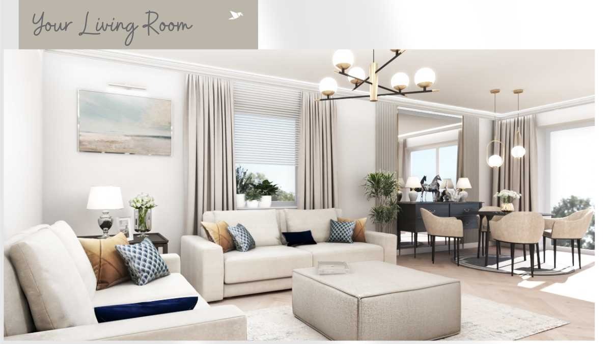 Wizualizacja przestronnego salonu w jasnych barwach z dwoma sofami, pufą, stołem jadalnym i czarną komodą z dekoracjami.