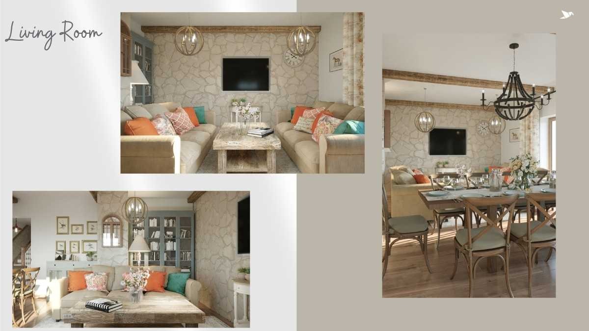 Wizualizacja przestronnego salonu z kamienną ścianą, drewnianym stołem kawowym i jadalnianym, sofą z kolorowymi poduszkami oraz dekoracyjnymi lampami wiszącymi.