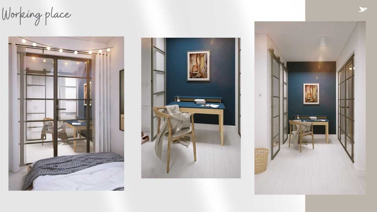 Aranżacja domowego biura we Wrocławiu z biurkiem w odcieniach drewna i błękitu, krzesłem z narzuconym pledem, na tle ściany w kolorze granatowym i białej podłogi, widoczne przeszklone drzwi...